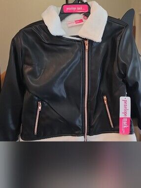 Kids Penelope Mack Black Faux Leather Jacket with Cream Sherpa Collar